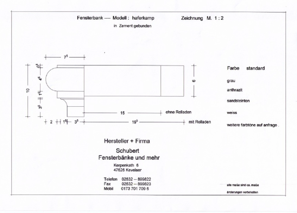 Schnittzeichnung der Beton-Fensterbank Schnittzeichnung der Beton-Fensterbank