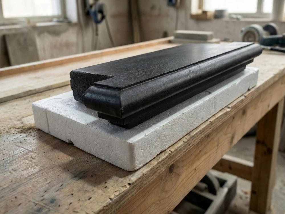 Handgefertigte Beton-Fensterbank auf Werkbank in der Fertigung von Jürgen Schubert Eine schwarze Betonfensterbank liegt auf einer weißen Styroporunterlage auf einer Werkbank